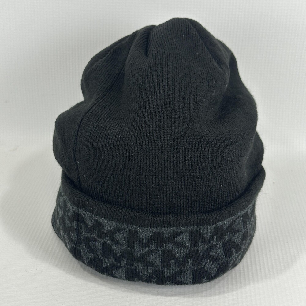 Michael Kors Hat Beanie Unisex One Size Black Knit MK Logo Fleece Lined Winter